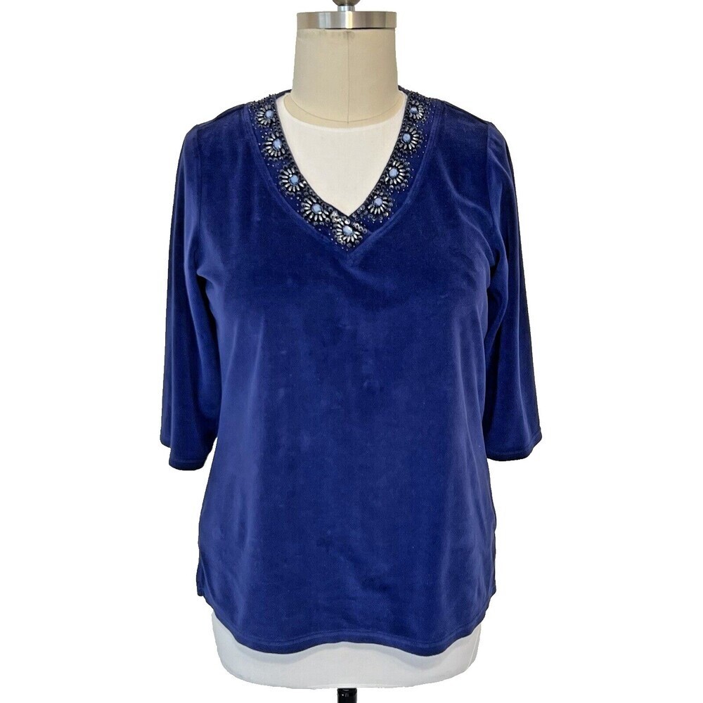 Quacker Factory Tunic Top Womens L Blue Velvet Beaded V-Neck 3/4 Sleeve Stretch